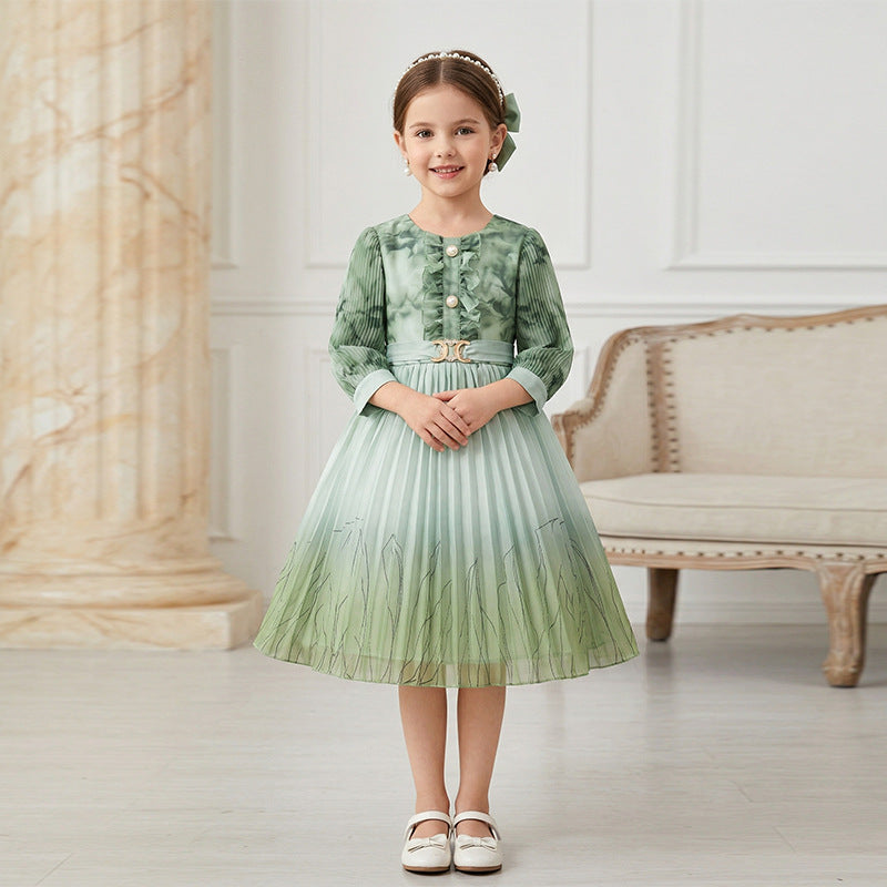 Custom girls' dress - printed floral chiffon a-line skirt - trendy pleated skirt - cross-border children's wear