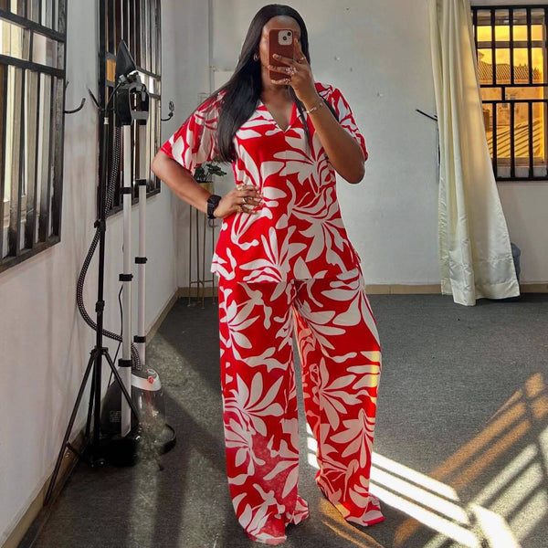 European and American women's clothing large size printed V-neck casual shirt wide-leg trousers African fashion loose new two-piece set women