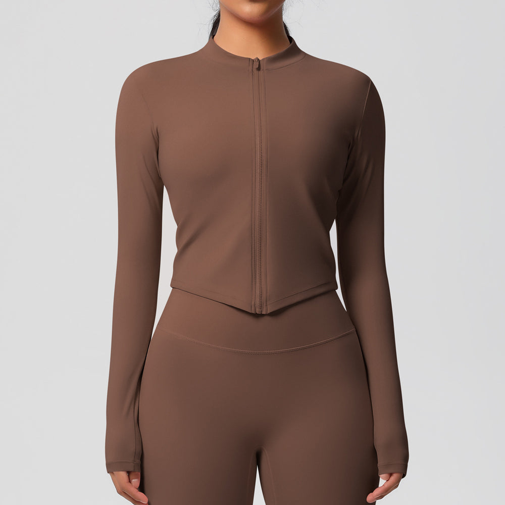 Ready-to-ship cross-border quick-dry brushed fleece workout zip-up top - women's running, activewear, and yoga long sleeve