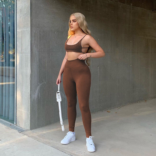 European and American casual women's clothing new summer beauty back high waist hip pants nude comfort yoga fitness set two-piece set