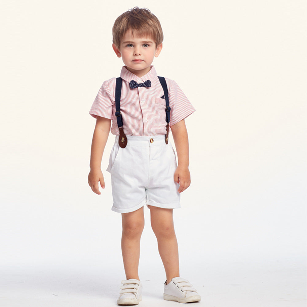 Summer korean style boys' shorts set - striped cotton short-sleeve shirt, perfect for first birthday celebrations and cross-border e-commerce