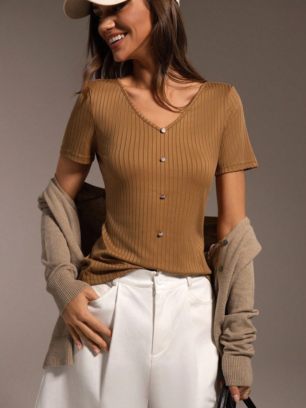 european and american cross-border e-commerce new v-neck knitted short-sleeve shirt solid color loose-fit base layer summer top