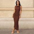 new european and american cross-border women's fashion sexy slim-fit metallic embellished bodycon pleated sleeveless dress