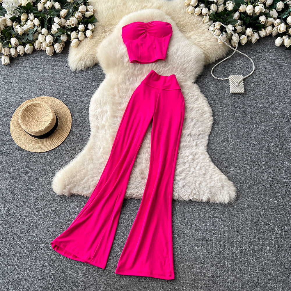 Sexy commuting style tube top tank top hot girl high waist flare pants women's summer casualtwo-piece setelegantsuit