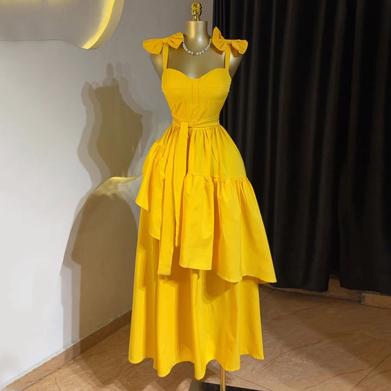 European and american cross-border women's fashion:  summer new arrival - elegant bow high-waisted asymmetrical midi slip dress