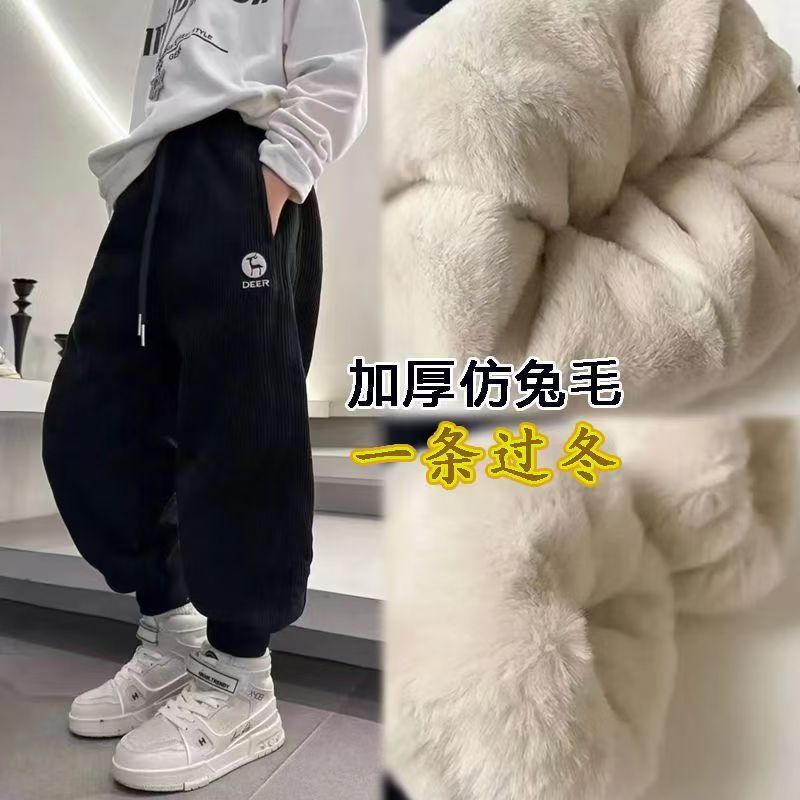youthwinternew arrivalfleece-linedthickened shrinkable sweatpants thickened imitation rabbit fur one-piece winter kids pants