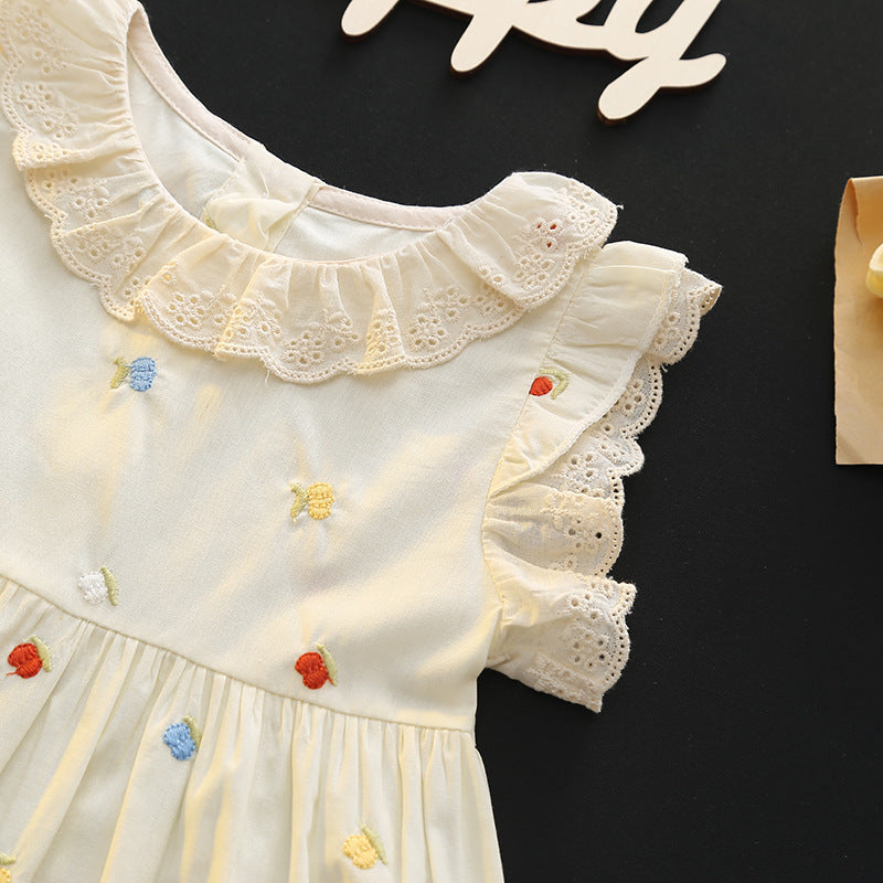 Girls' lace-neck tank dress - summer baby embroidered floral dress - girls' round neck princess dress - summer outfit - little fly