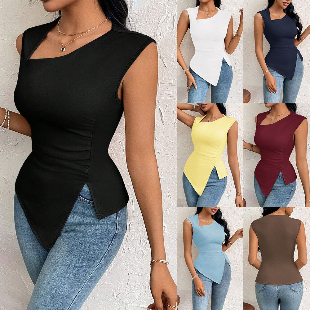 Amazon cross-border women's fashion: european and american elegant style t-shirt,  spring/summer new arrival, asymmetrical neck, slim-fit cropped solid color top