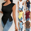Amazon cross-border women's fashion: european and american elegant style t-shirt,  spring/summer new arrival, asymmetrical neck, slim-fit cropped solid color top