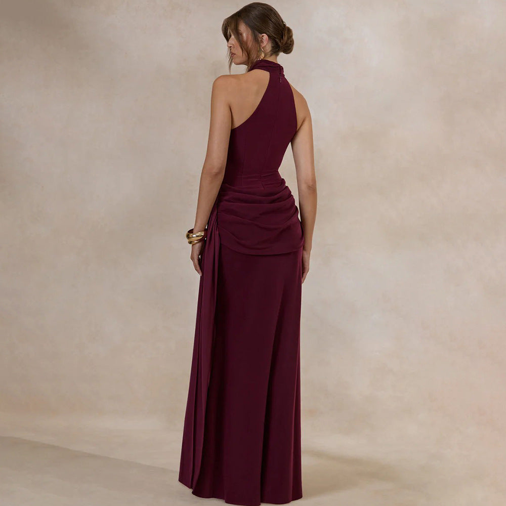 Amazon  autumn new arrival: elegant, socialite-style halter neck sleeveless irregular pleated waist tie-up dress