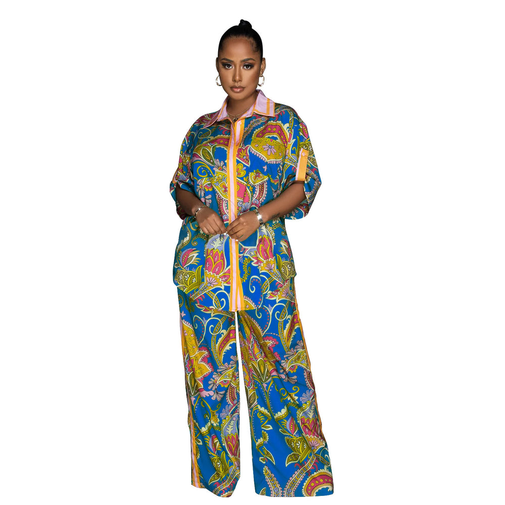 C6618 cross-border   fashion women's french print shirt & shorts two-piece set