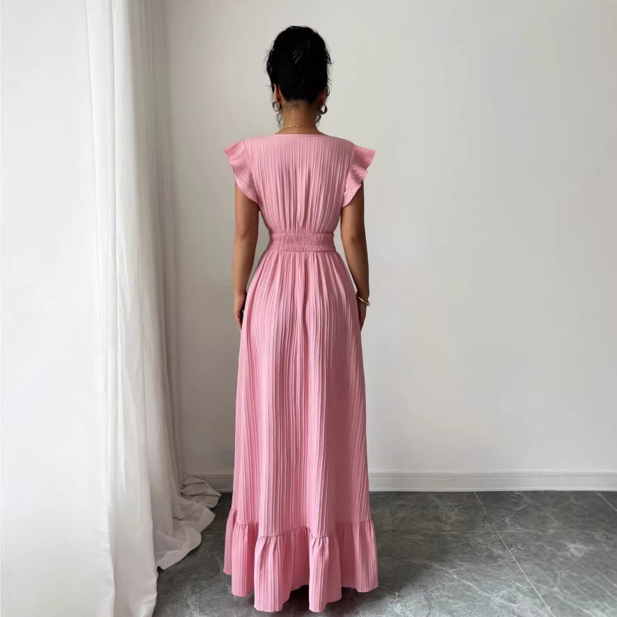 fashion cross-border french elegant waist v neck long dress pink dress
