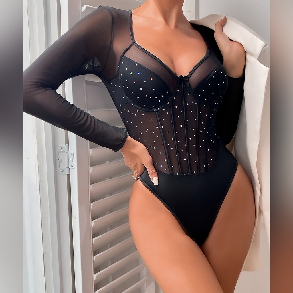 Black classic women's clothing, little flash sequins, royal sister, premium long-sleeved onesie, European and American popular  women 3690