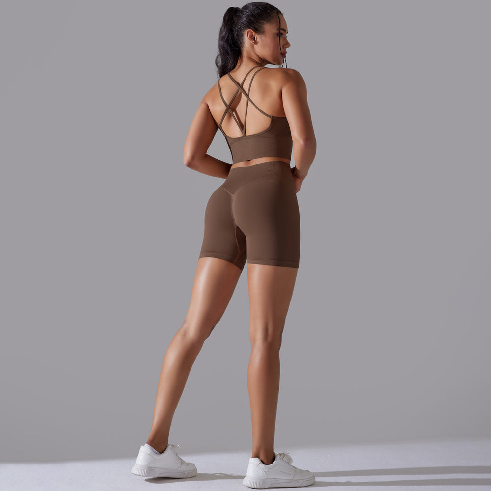 fashion seamless knittingpure color beautiful back high elastic tight yoga suit running fitness suit two-piece set for women