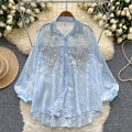 Luxury-inspired, heavily embellished beaded & sequined embroidered lantern sleeve blouse - women's summer lightweight, loose-fit outerwear long sleeve top