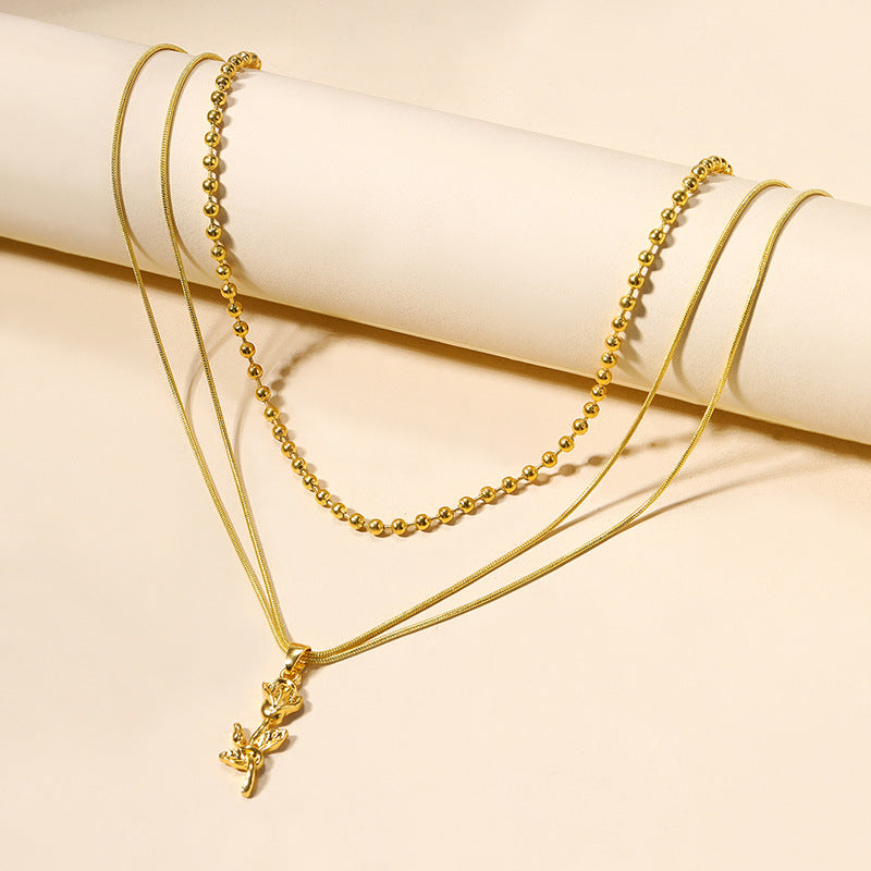 European and american cross-border statement jewelry fashion rose flower pendant high-end beaded chain women's double layer necklace jewelry wholesale