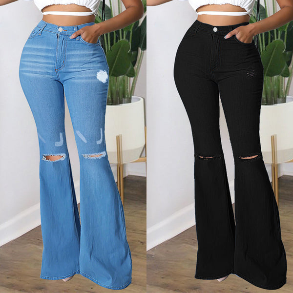 WISH Express European and American women's clothing denim, thin fashion ripped denim horseshoe pants women