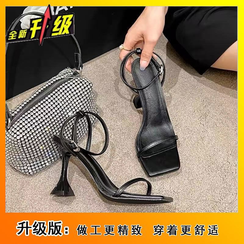 Square toe shoes thick heel high heel sandals beautiful wine glass heel 2025new arrivalsummeraw black one strap high heel shoes for women