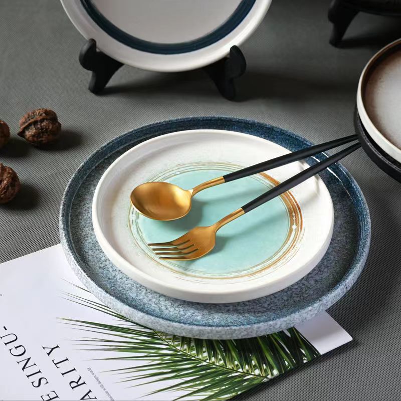 Japanese retro ceramic western dinner plate steak flat plate stoneware household dinner plate commercial round plate hotel restaurant tableware
