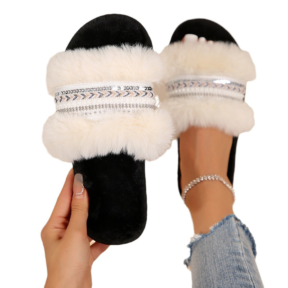 Woven diamond strip indoor and outdoor casual wool slippers 2024 fall and winter floor mops bedroom home long hair slippers