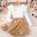 Girls' two-piece set: solid color long-sleeve crewneck top + elastic waist beaded skort