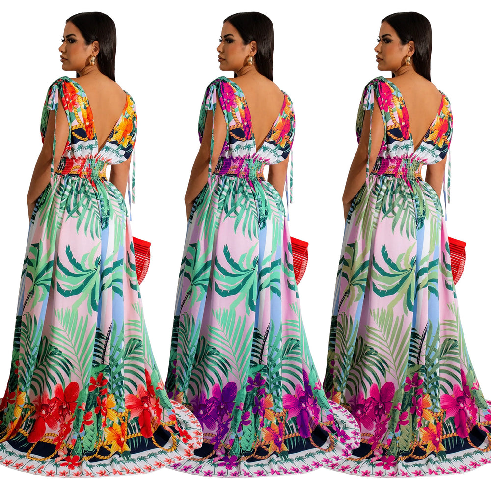 X6268 cross-border   fashion women's floral painted sleeveless v-neck maxi dress