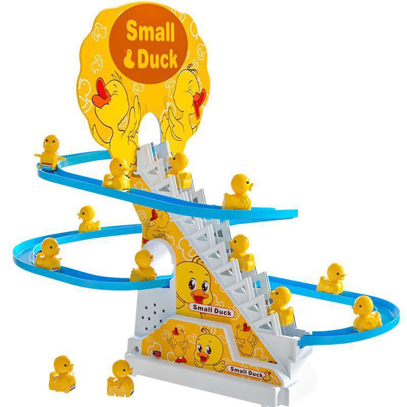 children's toy gift set featuring a large duck climbing stairs, an electric slide, a track car, and educational toys for babies. dropshipping available