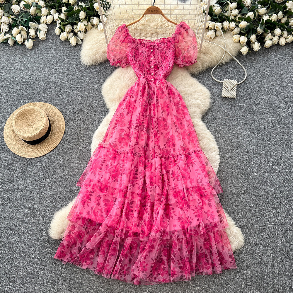 French gentle style puff sleeve floral dress women's summer k-style square collar high waist a-line elegant cake skirt slimming look