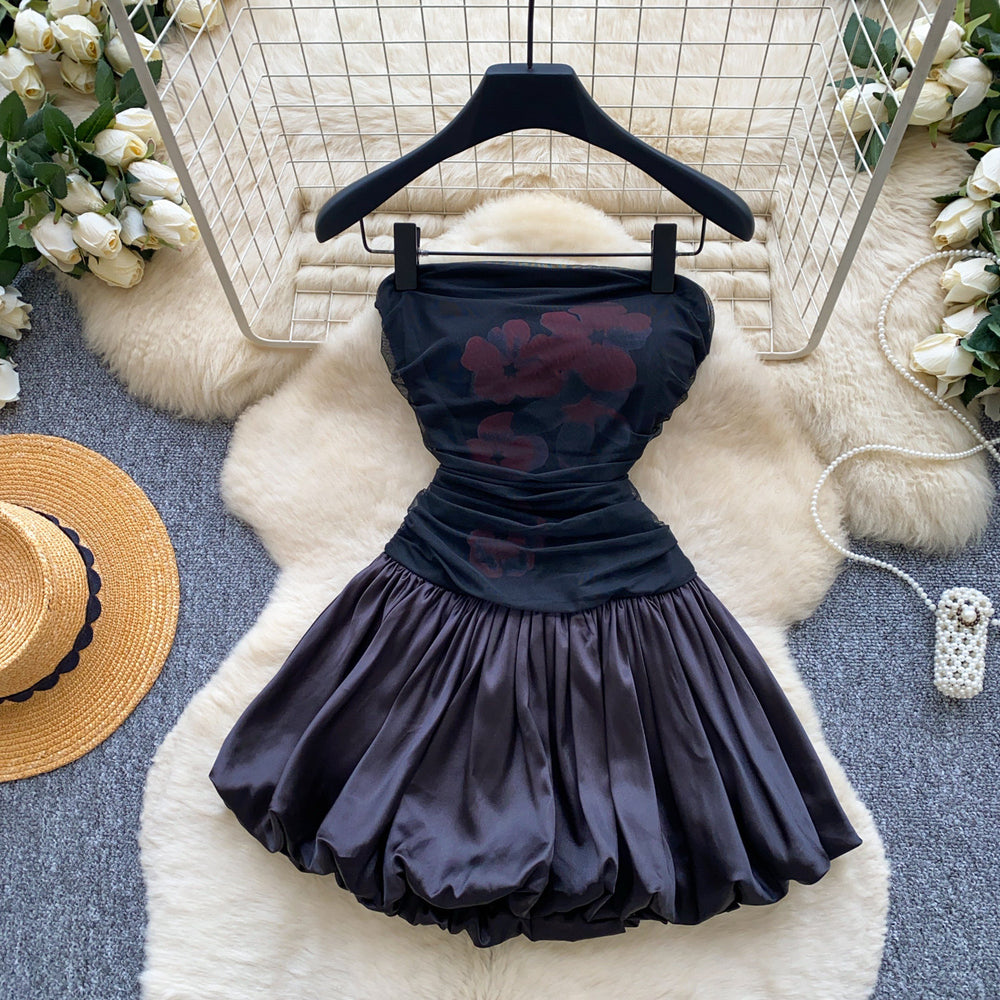 Sweet girly print bandeau dress - women's summer korean style high waist slimming flared tulip skirt - white