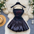 Sweet girly print bandeau dress - women's summer korean style high waist slimming flared tulip skirt - white