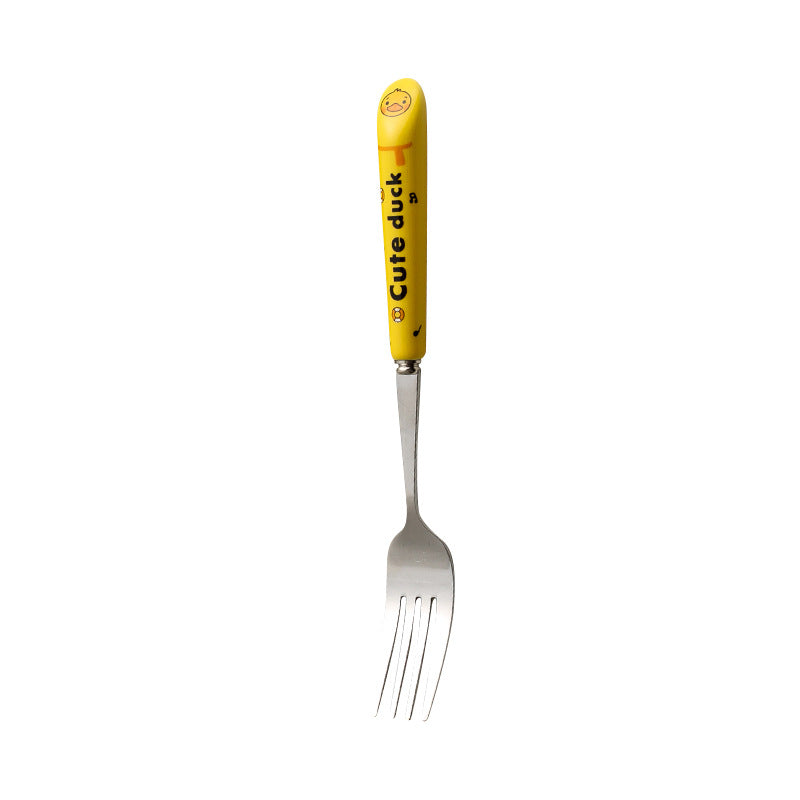 Cartoon stainless steel cutlery set: cute kids' forks with stylish ceramic handles, exquisite dessert spoons, and serving spoons