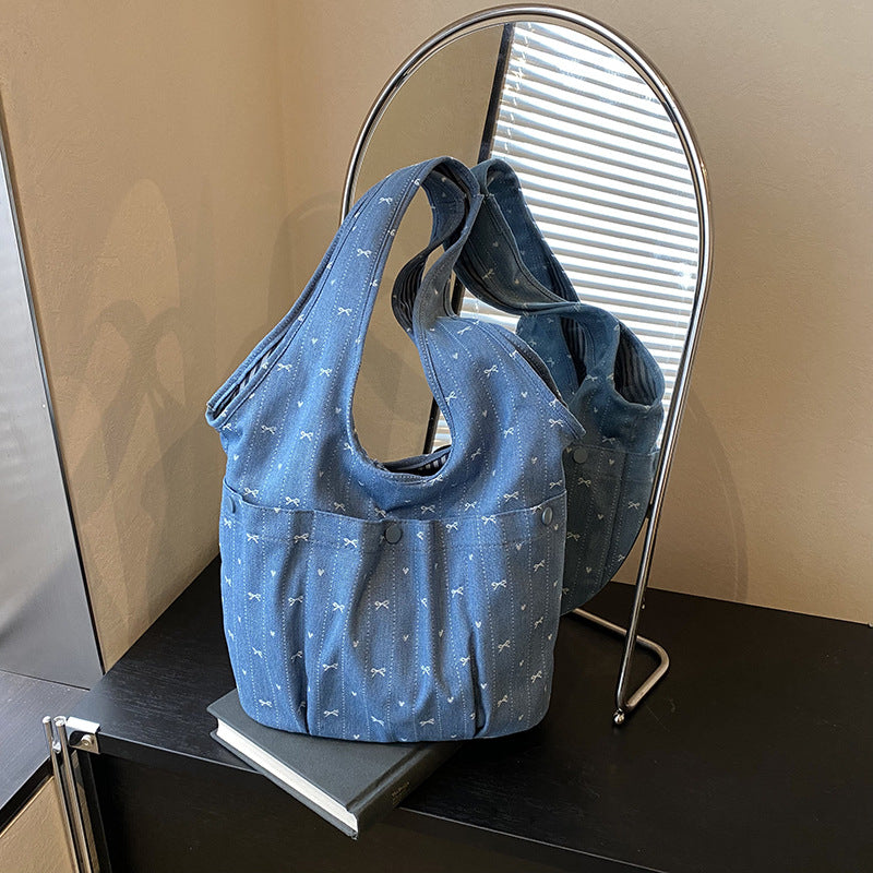 Cross-border casual lazy style denim bag women's 2025 new versatile shoulder bag college student class tote bag