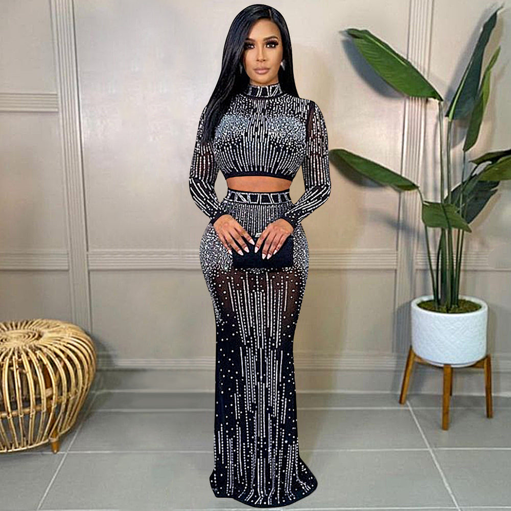 X5379 cross-border new arrival:  european and american fashion sexy nightclub women's mesh see-through long sleeve maxi dress two-piece set