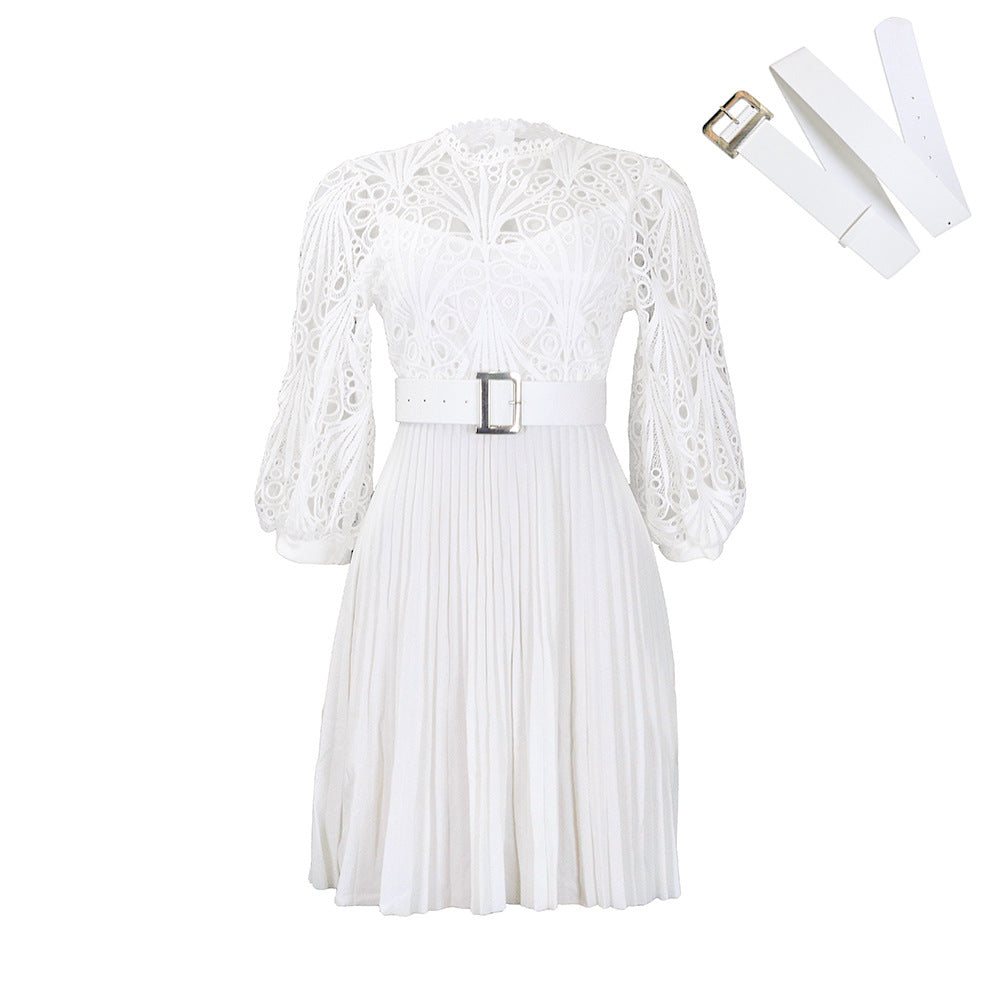 D322 independent station foreign trade women's clothing  new style pure color lace crochet cut out pleated european and american dress