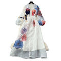 French court style dress - women's high-end tie-waist lantern sleeve printed single-breasted mesh elegant maxi dress