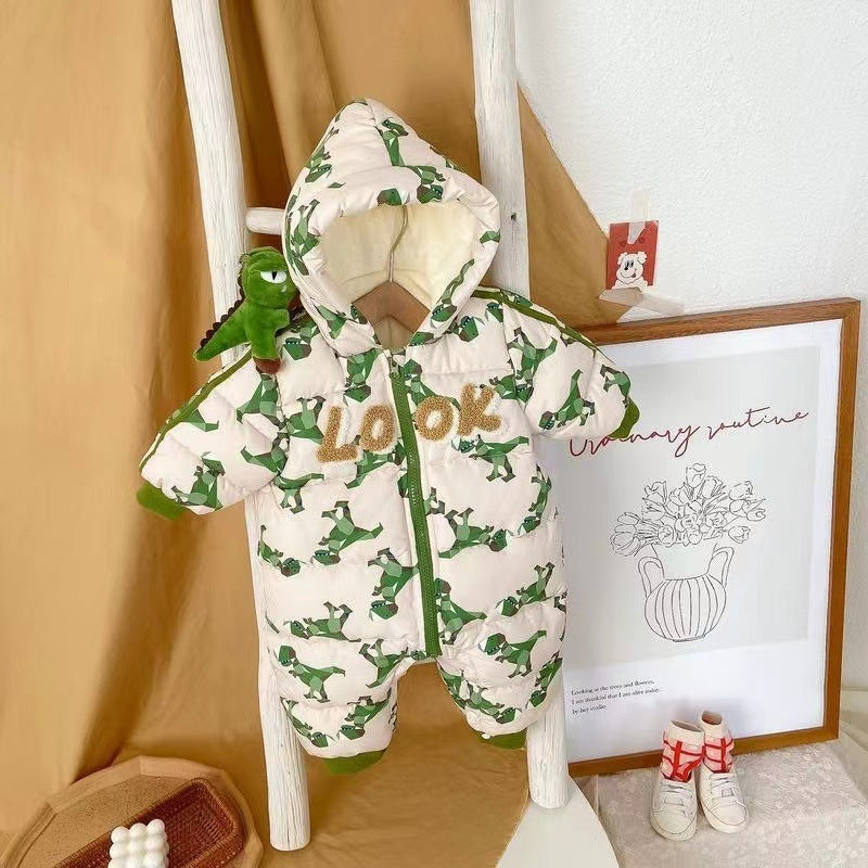 Infant and toddler winter clothing, korean style, unisex baby onesies, quilted dinosaur design, thickened for winter outings, fashionable jumpsuit