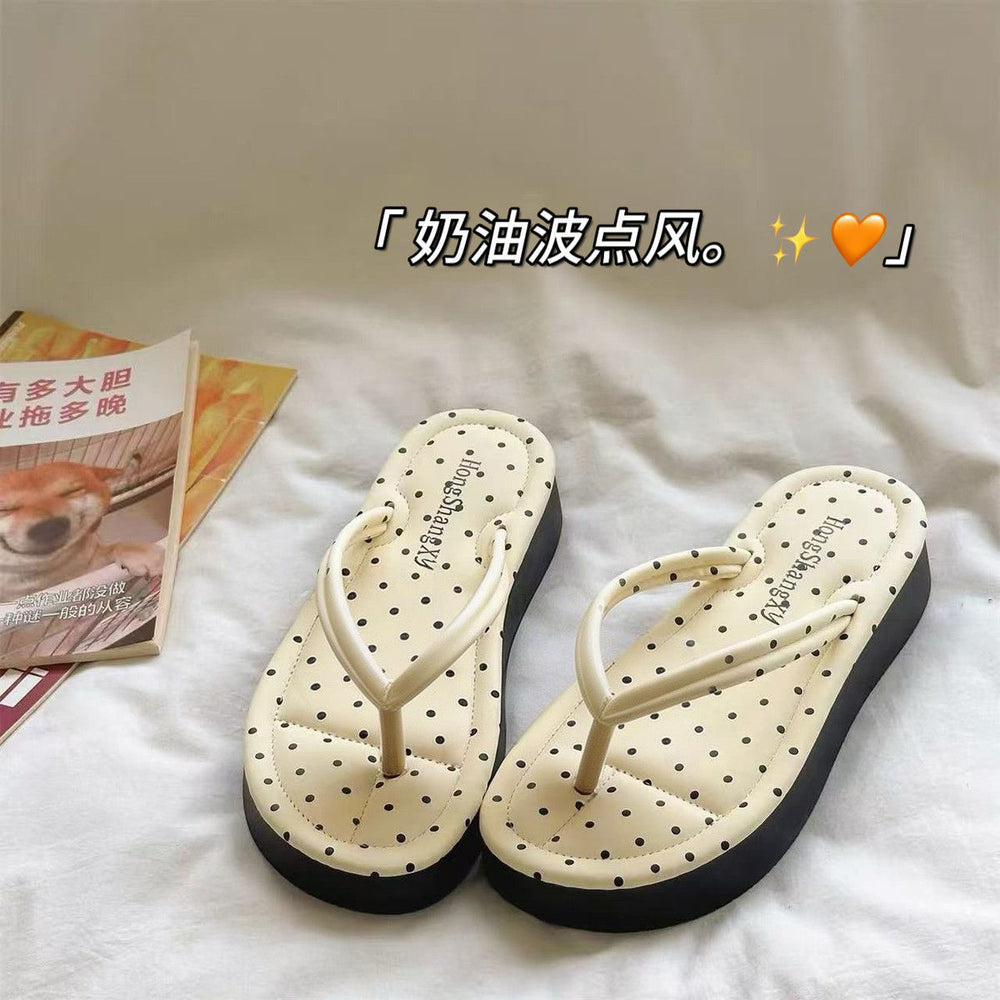 Korean retro polka dot platform flip-flops - women's summer outdoor fashion hot style beach thong sandals for vacation