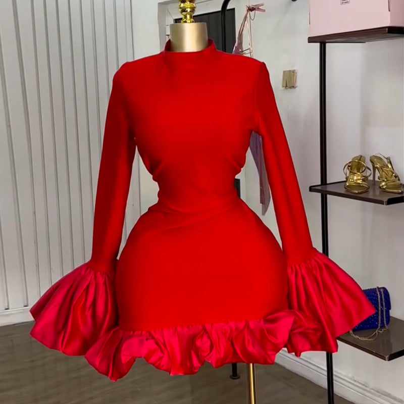 European and american women's clothing  summer new arrival: elegant high-neck flared sleeve high-waisted ruffle hem bodycon dress