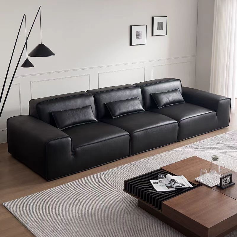 Italian normcore summer picture full leather sofa big black cow straight row house tofu block large flat floor living room sofa