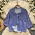 Korean style commute chic red and white striped breathable & skin-friendly shirt - women's summer short sleeve loose fit cardigan casual top