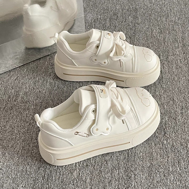 Chunky platform white sneakers - 2026 spring new arrival: cute puppy design, hook-and-loop closure, versatile height-boosting casual sneakers for students