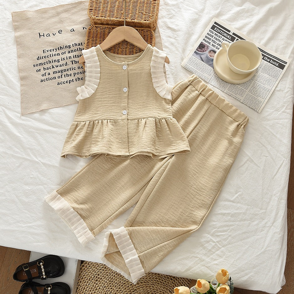 Girls' summer outfit set : new, stylish, and chic lace-trimmed babydoll top with wide-leg pants two-piece set for girls