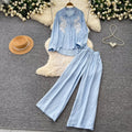 Lazy style pink embroidersequinshirtloose pantstwo-piece set female autumwork clothingslimming lookelegantfashionsuit