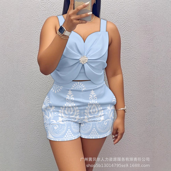 LZR19418AA1 Women's Fashion Rhinestone Bow Decorated Sleeveless Top + Pattern Shorts Set
