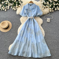 Korean style pink lantern sleeve mesh dress - women's summer sequin waist a-line elegant commute maxi dress