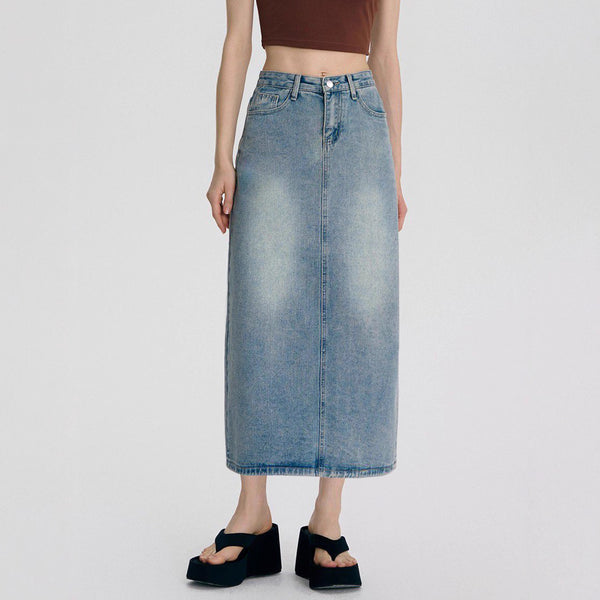 Cross-border high-waisted split denim skirt women's 2025 new retro light blue thin a word medium and long skirt