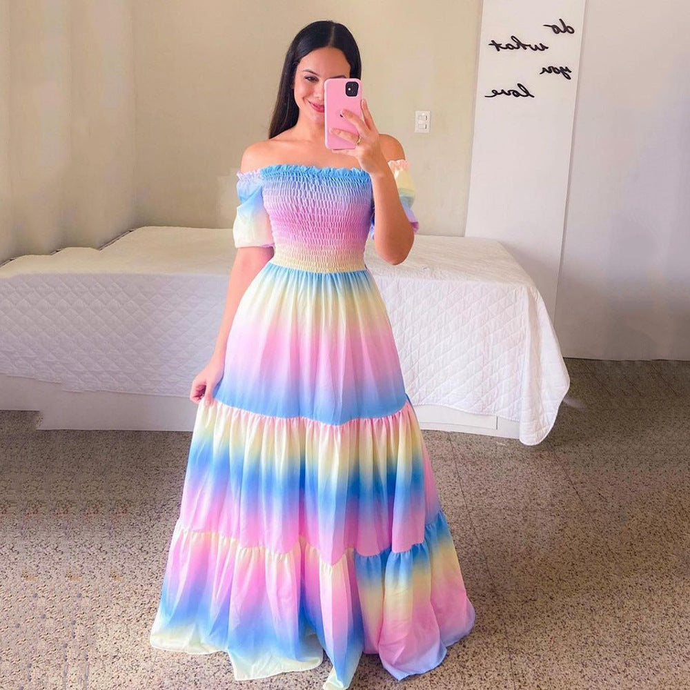 new spring/summer cross-border fashion: european and american style women's one-shoulder floral print maxi dress - off-the-shoulder fairy dress