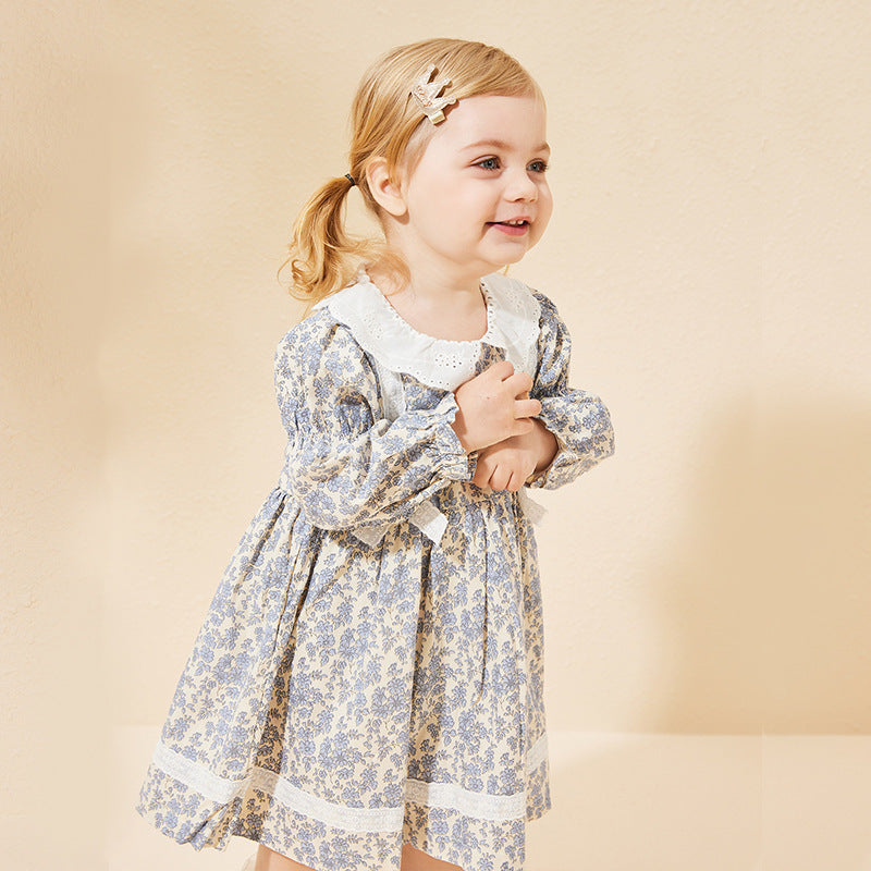 New girls' spring/autumn dresses: floral print long-sleeve princess dress with lace and bow detail - wholesale