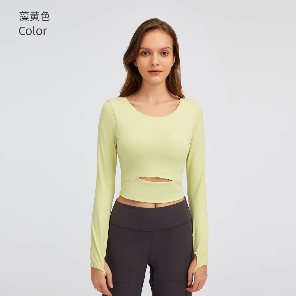 European and american new style padded sports long sleeve t-shirt, fashionable cropped fit, outdoor running slim yoga top for women s2032