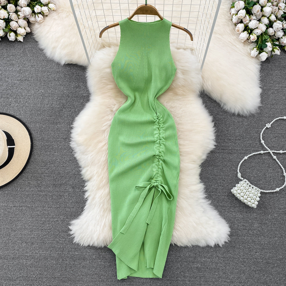 Retroelegant vest dress classy waist slimming look pleated drawstring long bottom hip-hugging knittingdress